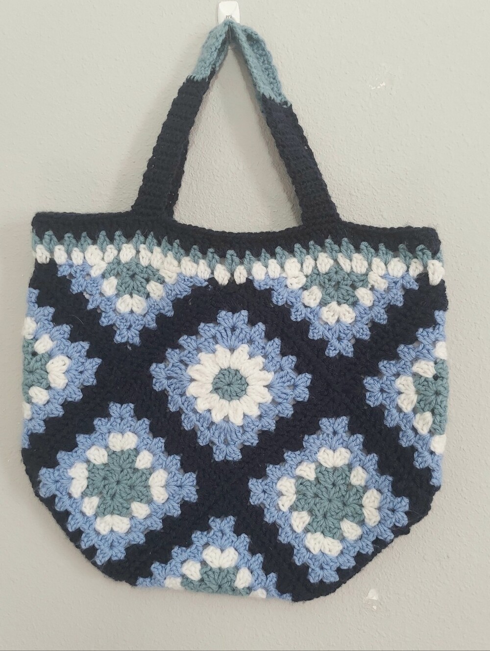 Granny Squares Crochet Tote Bag Handmade Fully Lined Blue, Navy, White
